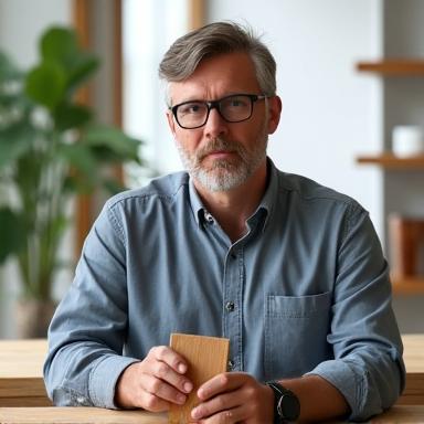 Portrait of a focused sustainability coordinator in a modern office, referencing eco-friendly material samples.